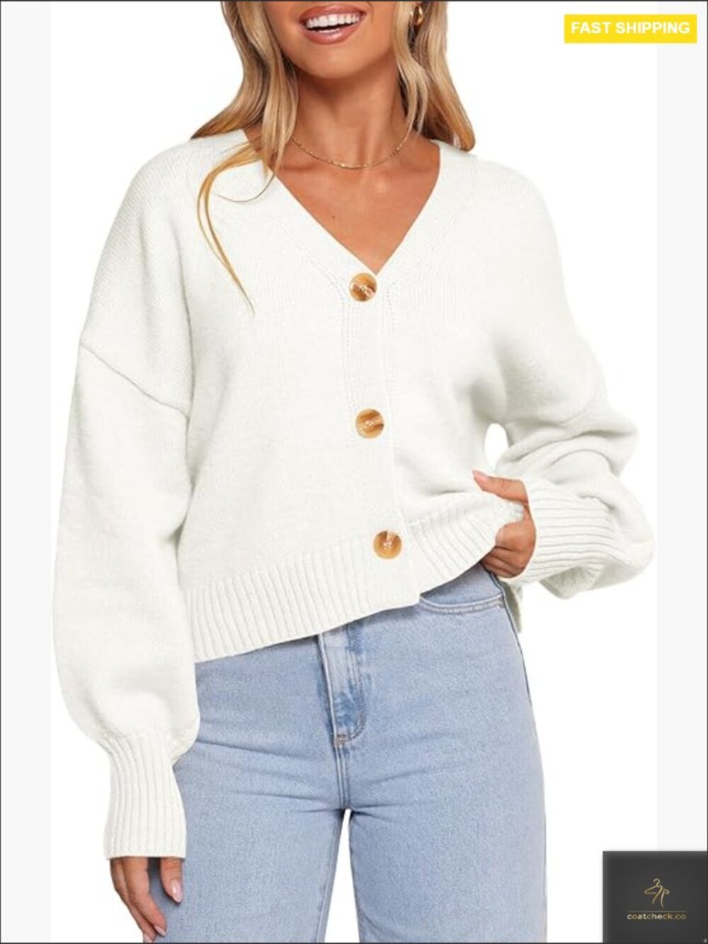 V Neck Cropped Cardigan Lightweight Lantern Long Sleeve Button Down Spring Fall